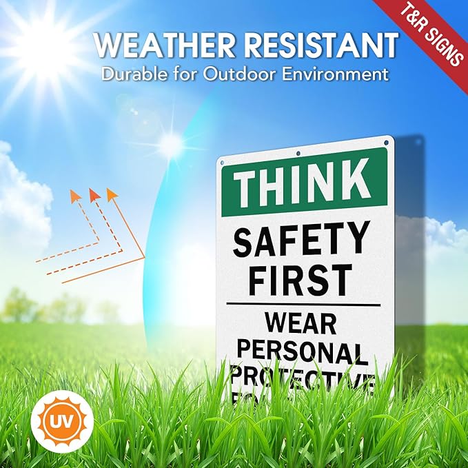 T&R Large Think Safety First Sign Wear Personal Protective Equipment - 2 Pack - 14 x 10 Inches Rust Free .040 Aluminum Reflective - UV Protected, Waterproof and Fade Resistant - 6 Pre-drilled Holes