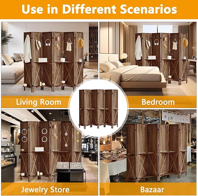 6 Panel Pegboard Display with Shelf, Wooden Pegboard Room Divider Wall with 24 Hooks, Partition Room Dividers and Folding Privacy Screens, Bedroom, Jewelry Store, Brown