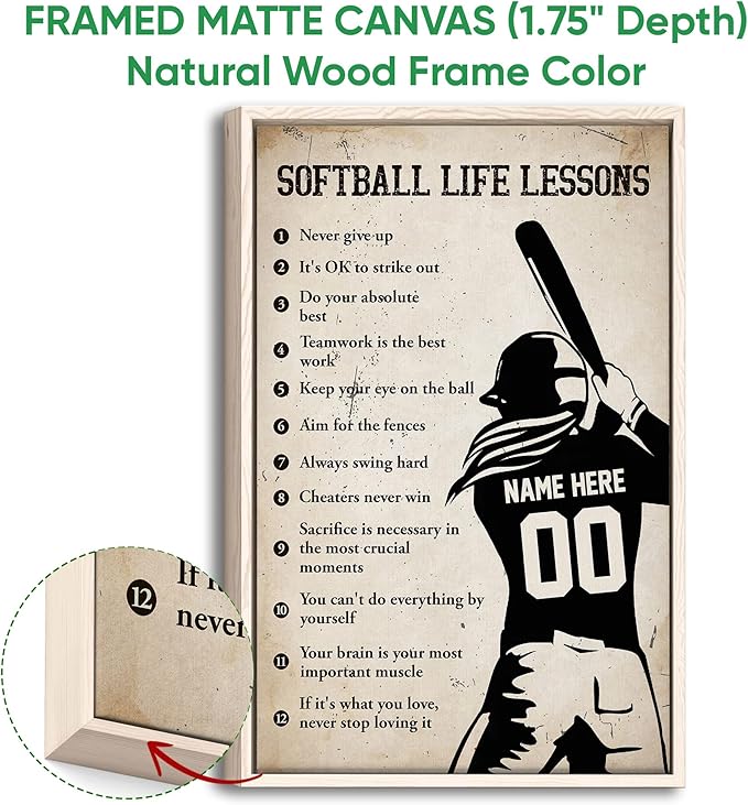 Custom Softball Life Lessons Sports Motivational Gift For Girl Personalized Name Number Poster & Framed Canvas, Wall Art Home Office Decoration Living Room Bedroom Aesthetic Decor