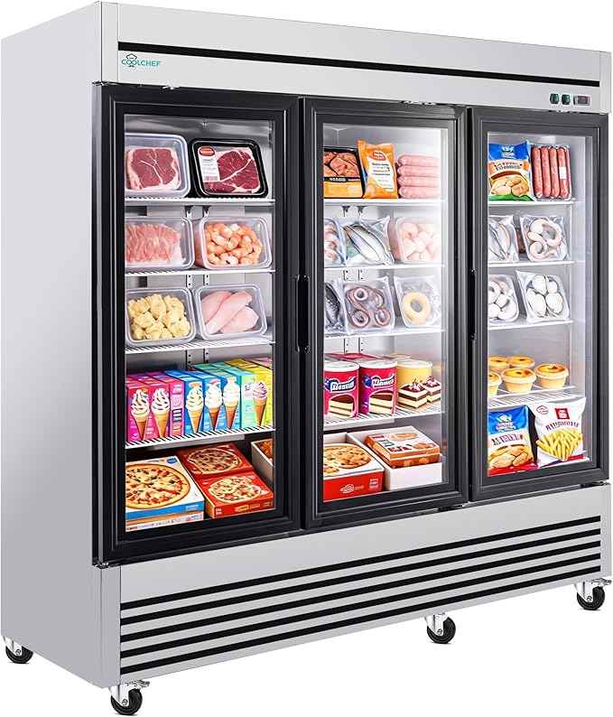 COOLCHEF 81"Commercial Glass Door Freezer, 72 Cu.Ft Triple-Door Reach-In Freezer, -8~0℉, Heated Triple Low-E Glass, 12 Shelves, R290