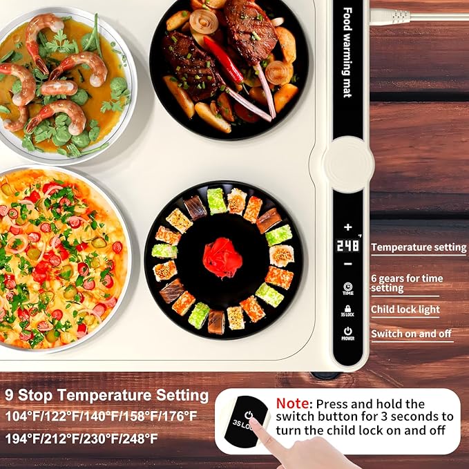 LYSXP 2025 Food Warming Mat, 15x23.6Inch 9-Level Temperature Adjustment, Multi-Functional Food Heater for Parties and Daily Use (Beige)