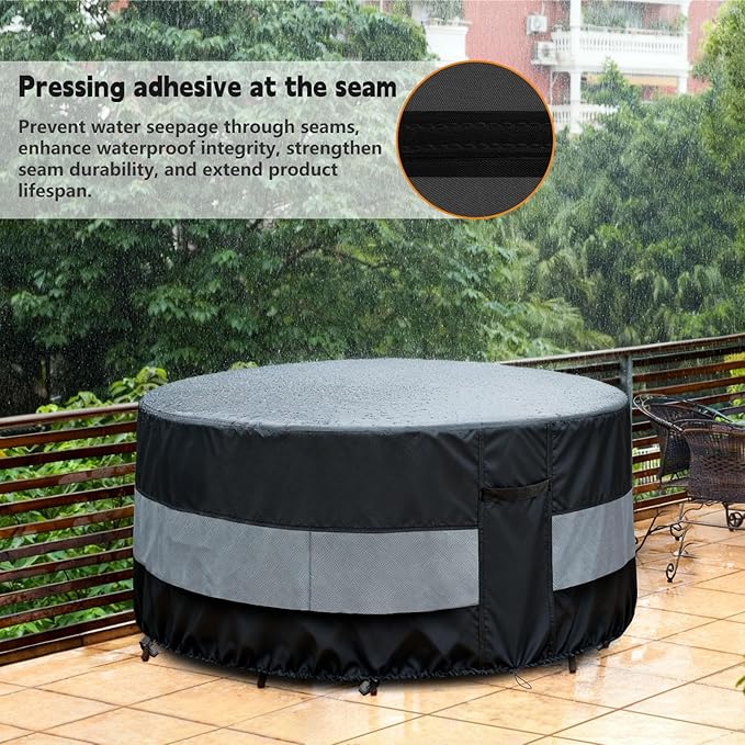 Round Patio Bar Height Table and Chair Cover Black Grey Waterproof Up to 10000pa for 73 x 43 Inch Outdoor Round Furniture Set Covers Patio Set Covers