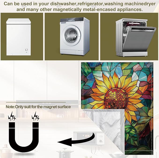 Magnetic Dishwasher Cover,Stained Glass Reusable Dishwasher Magnetic Cover Sunflower Colorful Decorative Door Covers Panel for Home Kitcen 23" x 26"