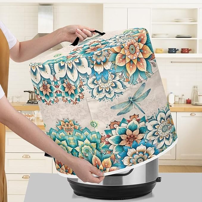 Xoenoiee Boho Mandala Floral Dragonfly Print Kitchen Appliance Dust Cover with Pockets, Electric Pressure Cooker Cover Compatible with Rice Cooker Cover Air Fryer Cover, for 3 Qt Pot