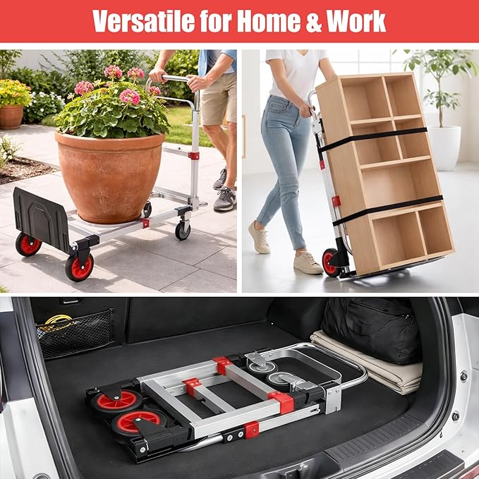 3 in 1 Folding Hand Truck Dolly Cart, Heavy-Duty Foldable and Convertible Design, Lightweight Portable Utility Cart with Rubber Wheels and Telescoping Handle for Moving, 500 lbs Capacity (Red)