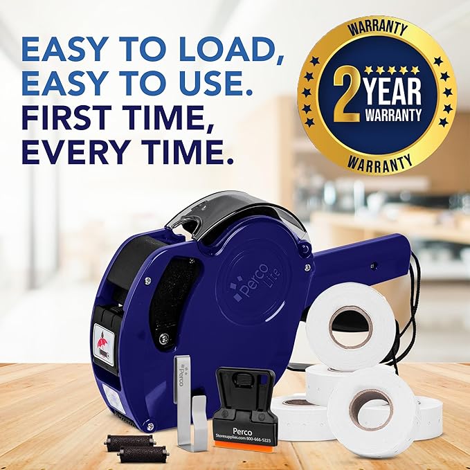 Perco Lite 1 Line Price Gun with Price-Marking Labels Kit — Includes 5,000 Blank White Labels, 1 Gun Clip, 2 Ink Rollers — 1 Ink Roll & Labels Preloaded — Ideal for Retail Pricing, Inventory, and More