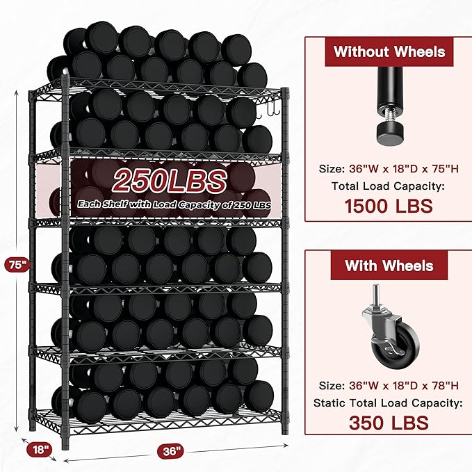 PrimeZone 6 Tier Wire Shelving with Wheels 78''H 1500lbs Storage Shelves NSF Certified Heavy Duty Steel Metal Shelf Adjustable Rolling Rack Kitchen Garage Closet Pantry Laundry 78''HX36''WX18''D 4Pcs