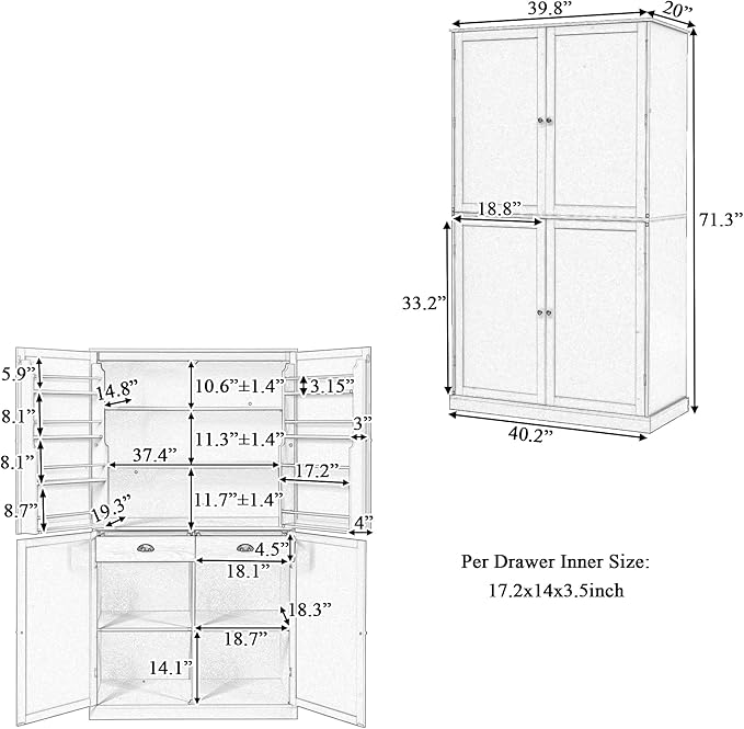 Merax 71.3" Tall Kitchen Storage Cabinet Pantry Farmhouse Freestanding Large Cupboard with 2 Drawers,2 Adjustable Shelves,for Dining Room