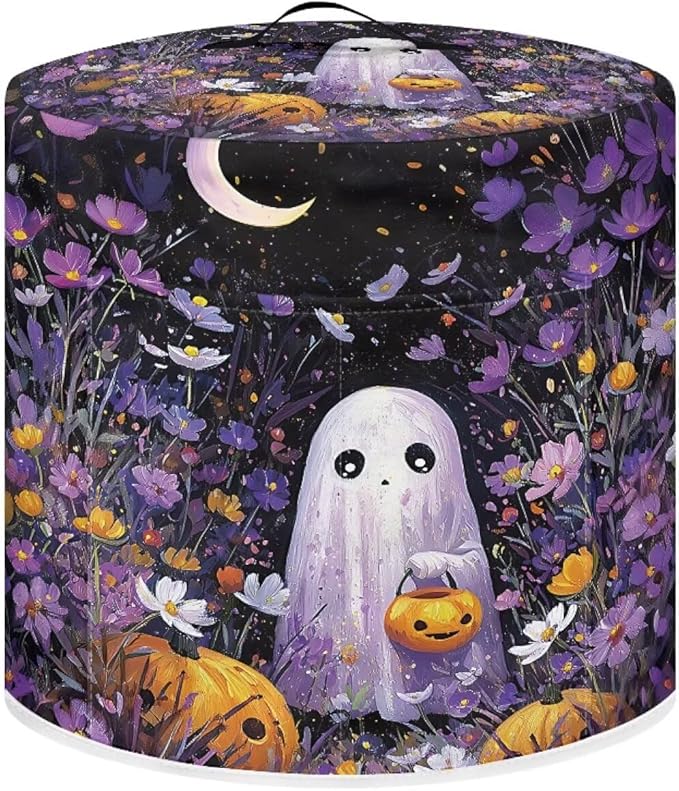 Purple Floral Halloween Ghost Dust Cover for Kitchen Accessories 8 Quart Pressure Cooker Air Fryer Rice Cooker Dust Cover with Top Handle and Storage Pocket