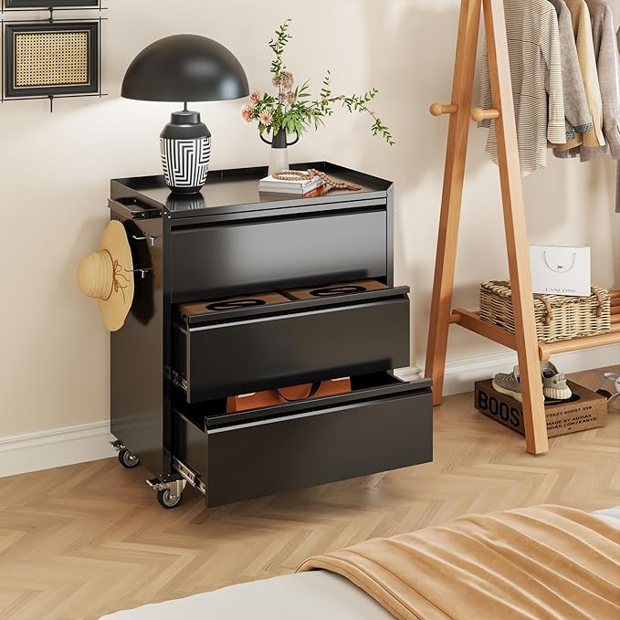 Aobabo Garage Storage Cabinet with 3 Drawers and 4 Hooks,Metal Storage Cabinet with Wheels for Garage Home,Required Assembly,Black,18.11" D x 30.3" W x 35.4" H