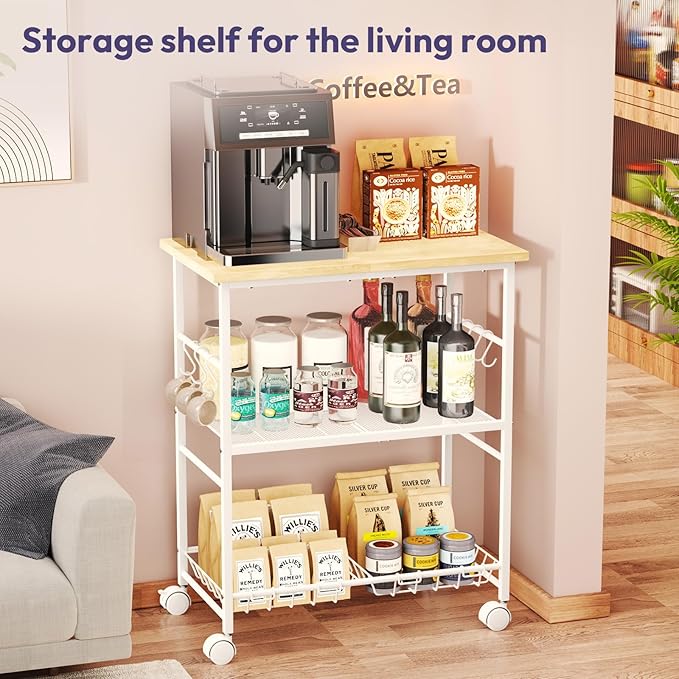 SWTYMIKI Rolling Kitchen Microwave Cart - 3 Tier Microwave Table Stand with Storage Basket and Hooks, Kitchen Utility Cart on Wheels, Coffee Cart Shelf Rack Organizer for Living Room Office, Balcony