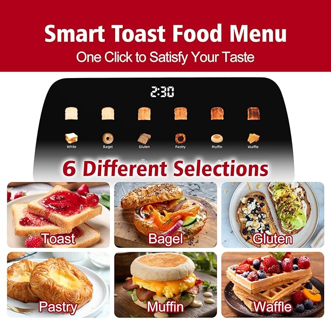 4 Slice Toaster with Touch Screen Control, 1.5" Wide Long Slots, 6 Browning Levels & 6 Bread Types, Digital Timer, Memory, Defrost, Reheat (SILVERY)