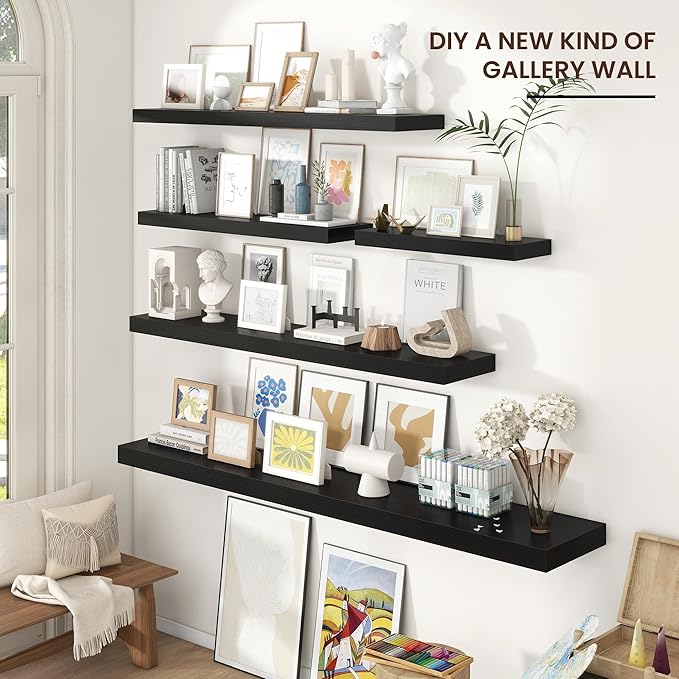 Floating Shelves for Wall 55"W x 10"D x 1.5"H, Long Engineered Wood Wall Shelves with Invisible Brackets for Living Room Bedroom Bathroom Office Kitchen Decor and Storage, Black Finish, Set of 1