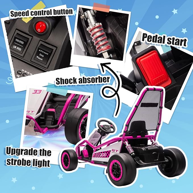 24V 8.5 MPH Electric Go Kart for Kids, 400W Powerful Drift Kart w/Front EVA Wheel & Metal Frame, Ride on Toy w/Music & Lights, Suspension, 2 Speed, 5 Point Harness, Crazy Cart for Ages 6+, Pink