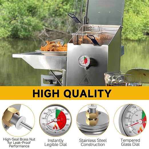 5070 Fryer Thermometer Replacement for Bayou Classic Deep Fryer, Stainless Steel Design Tempered Glass Dial Face w/ 50˚- 550˚F Range Fit for Bayou 2.5-gal, 4-gal, and 9-gal Fryers
