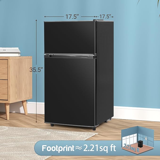 Double Door Refrigerator with Freezer, 3.5 Cu.Ft, Small Fridge with Freezer, 7 Settings Temperature Adjustable, Mini Refrigerator for Office and Apartment Bedroom Dorm(3.5 Cu.Ft, Black)