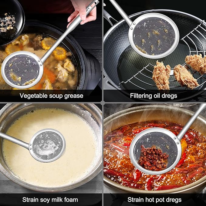 Walfos Fat Skimmer Spoon, 304 Stainless Steel Fat skimmer For Cooking, 3", 4" & 5 inch fine mesh skimmer, Food Strainer Fit For Separation Of The Floating Foam, Fat, Grease, Set of 3