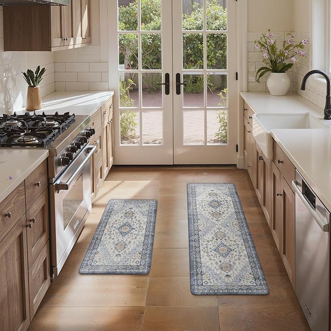 GENIMO Kitchen Mats for Floor, 2PCS Kitchen Rugs Non Slip Washable, Waterproof Anti Fatigue Mat, Comfort Standing Runner Rug for Sink, Office, Laundry, Home, 17.3"x47"+17.3"x30", Muted Blue