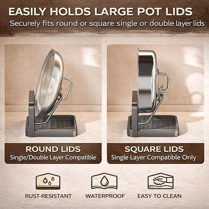 Kitchen Pot Lid Storage Rack, Heat-Resistant Pot Lid Holder While Cooking with Tray, Multifunctional Pot Lid Holder Organizer Rack, Lid and Spoon Rest for Countertop, Stove Top (Double-layer Beige)