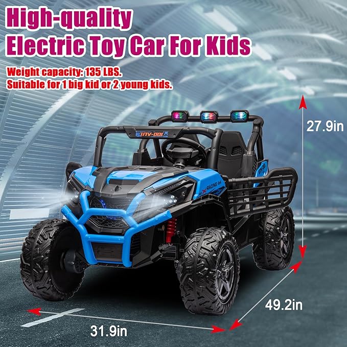 24V 2 Seater Ride On Car for Kids, Electric Car with Remote Control, Battery Powered Side by Side Ride On UTV, 4x4 Ride On Truck with Bluetooth, Blue
