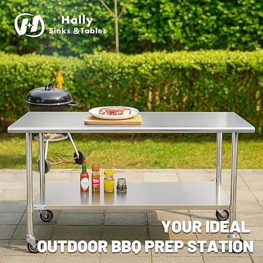 Hally Stainless Steel Table for Prep & Work 30 x 60 Inches with Caster Wheels, NSF Commercial Heavy Duty Table with Undershelf and Galvanized Legs for Restaurant, Home and Hotel