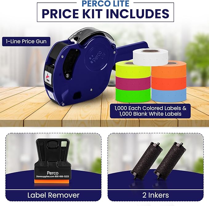 Perco Lite 1 Line Price Gun with Labels Kit - Includes 1 White Roll, 6 Multicolored Rolls, 2 Ink Rollers, 1 Ink roll and Labels Pre-Loaded