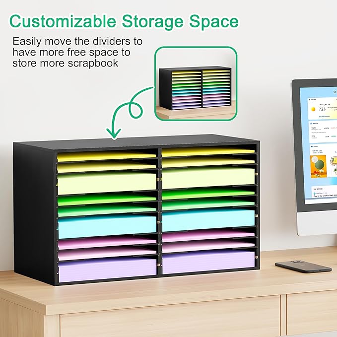 EasyPAG Scrapbook Paper Storage Organizer for Craft Room, 12x12 Paper Storage Desk Shelf, 24 Slot Adjustable File Sorter for Office School Classroom, Black