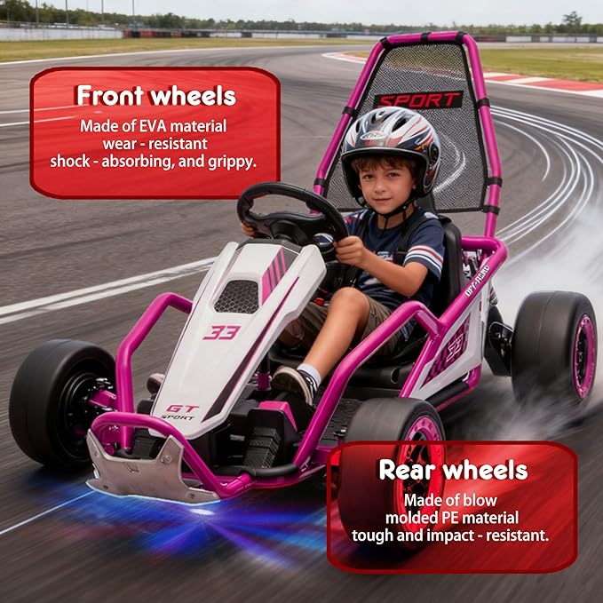 24V 8.5 MPH Electric Go Kart for Kids, 400W Powerful Drift Kart w/Front EVA Wheel & Metal Frame, Ride on Toy w/Music & Lights, Suspension, 2 Speed, 5 Point Harness, Crazy Cart for Ages 6+, Pink