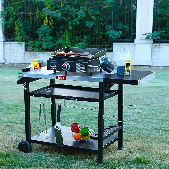 Outdoor Grill Table Cart, Pizza Oven Stand for Outdoor Indoor, 50" x 22" Stainless Steel Tabletop Dining BBQ Grill with Wheels for Food Prep, 3-Shelf Kitchen Cart with Cover