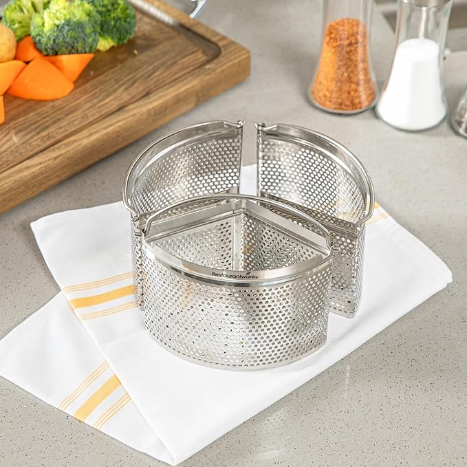 Restaurantware Steamer Basket for Cooking Pot 3-Piece Stainless Steel Trio Separator Perforated Steam Basket Divider for Cooking Veggies, Dumplings, Eggs, Seafood, Pasta, Pressure Cooker