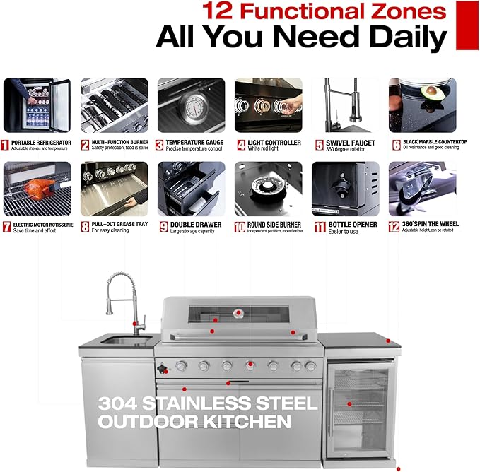 82 Inches 6-Burner 85000 BTU Natural Gas Outdoor Kitchen Island with Grill with Wine Cooler, Compact Refrigerator, Rotisserie, Granite Countertops & Storage, Silver