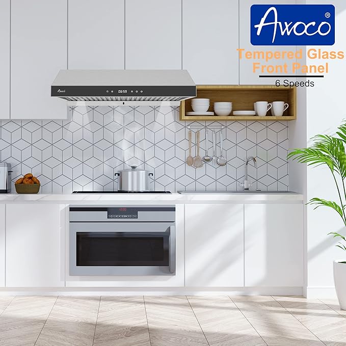Awoco 36" Stainless Steel Under Cabinet 6 Speeds 900 CFM Range Hood with Tempered Glass Touch Panel, LED Lights, Baffle Filters and Oil Collector, 8" High