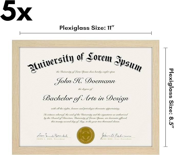 Americanflat 8.5x11 Diploma Frame with Polished Plexiglass - Set of 5 - Legacy Collection - Certificate Frame for Tabletop and Wall Display - Natural Oak