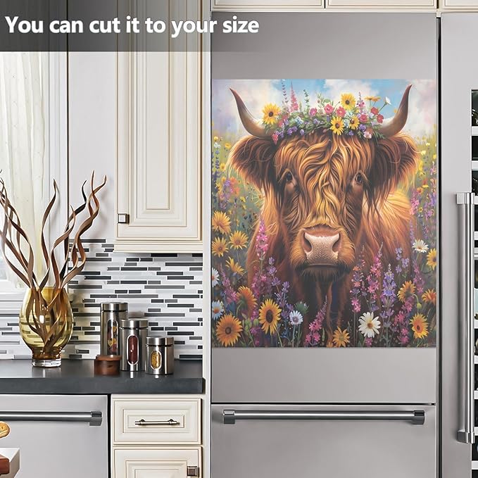 Highland Cow Summer Flowers Dishwasher Magnet Cover Sticker Magnetic Refrigerator Panel Front Door Fridge Microwave Decal