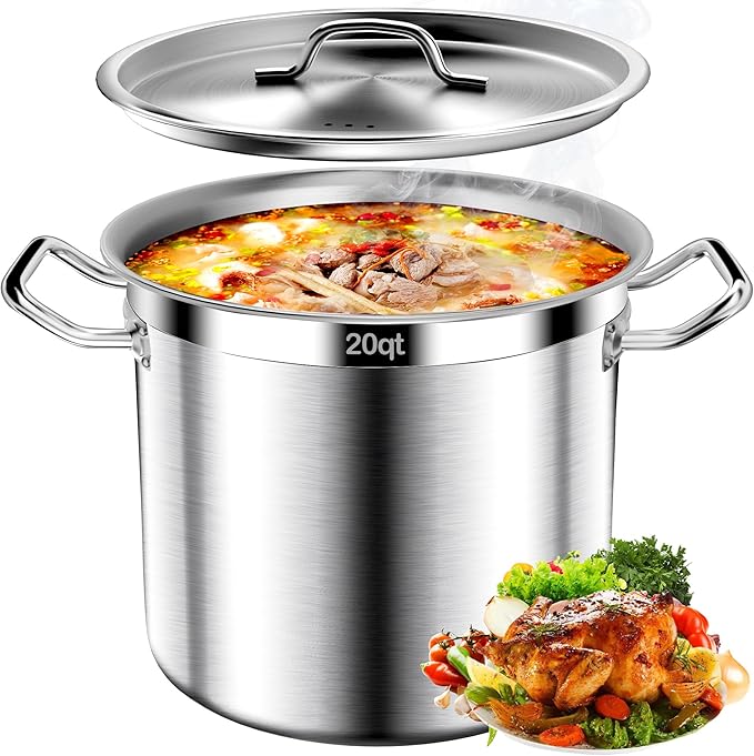 Stainless Steel Stock Pot，20QT Large Stock Pot with Lid for Boiling Cooking Soup Stew Canning, Heavy Duty Tri-Ply Bottom for Boiling Cooking Soup Stew Canning Cooking Pots, Cookware Sauce Pots