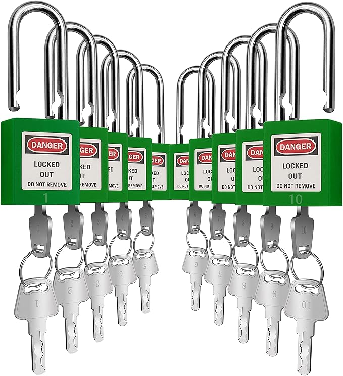 SAFBY Lockout Tagout Locks, Safety Padlock, Keyed Differently Loto Safety Padlocks for Lock Out Tag Out Kits Station (Green NO.1-10)