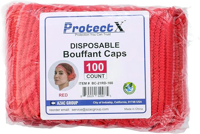 ProtectX Disposable Bouffant (Hair Net) Caps Hair Head Cover Nets 21” (Red 100 pack)