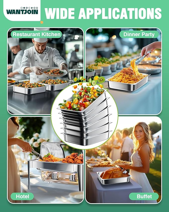 WantJoin Steam Table Hotel Pans 1/2 Half Size 6 Inch Deep 6 Pack, Stainless Steel Metal Tray Sets Food Storage Container for Restaurant Chafing Dishes Commercial Buffet Warmer Catering Supplies