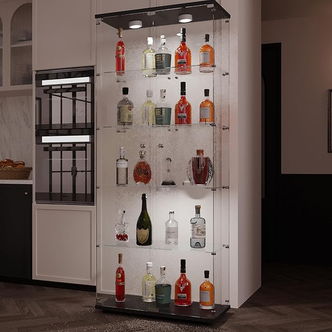 Glass Display Cabinet with LED, 5 Shelves with 2 Doors, Curio Storage Cabinets with Lock for Living Room, Office, Floor Standing Glass Bookshelf, Quick Installation - Black