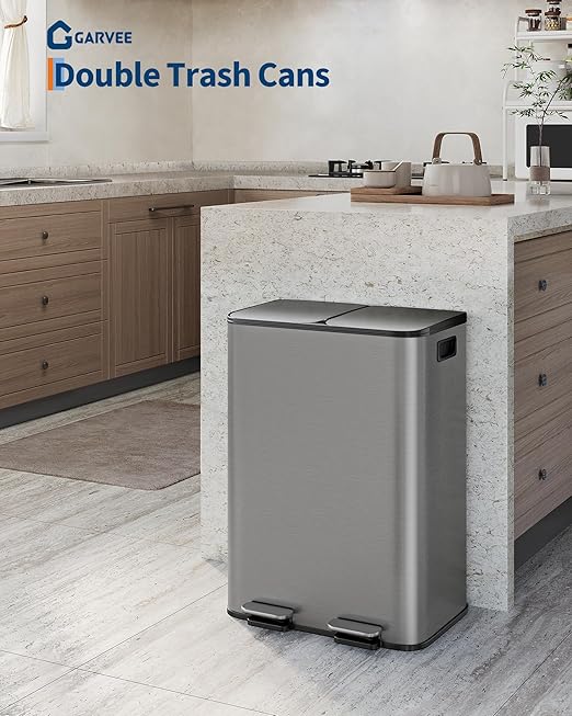 TrailBlaze 2 x 8 Gal (2 x 15 L) Kitchen Trash Can, Stainless Steel Dual Compartment Garbage Can with Soft-Close Lid, Recycling Bin, Step Waste Sorting Bin for Home, Office - Grey