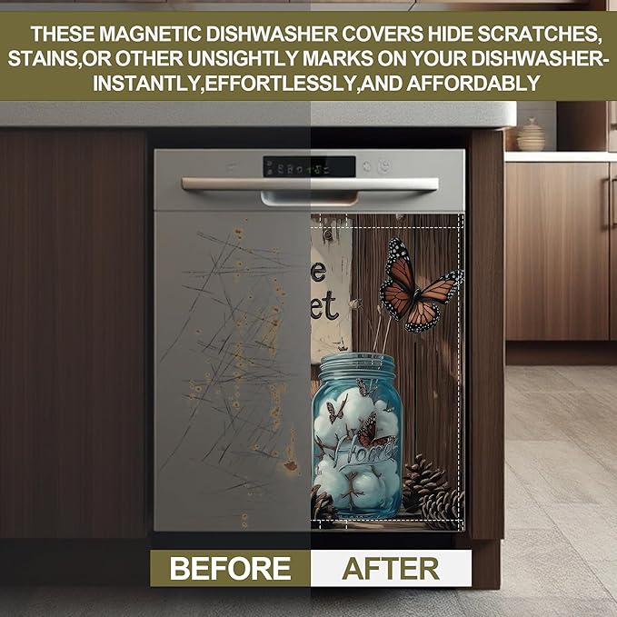 Dishwasher Magnet Cover,Floral Dishwasher Cover Magnetic Butterfly Home Appliances Refrigerator Decorative 23" x 26"