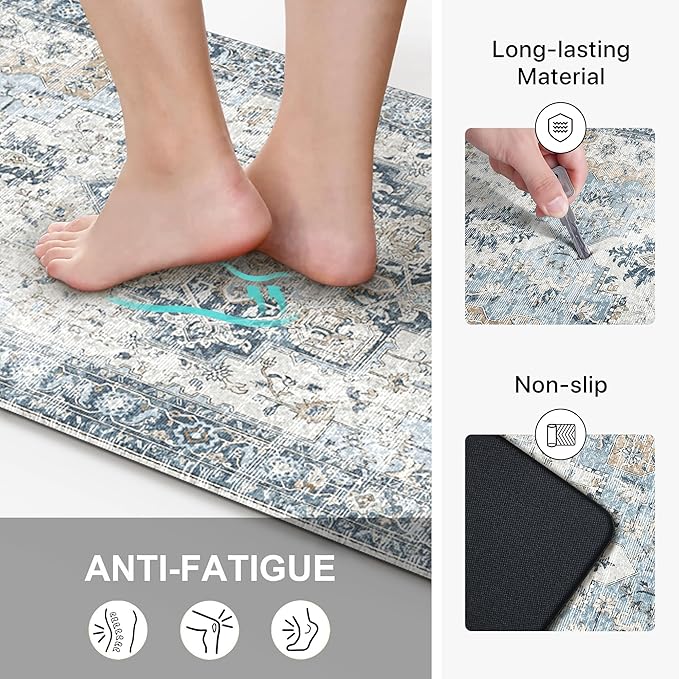 GENIMO Kitchen Mats for Floor 2PCs, Washable Anti Fatigue Mat for Cushioned, 17.3"x59"+17.3"x30", Waterproof Kitchen Rugs, Non Slip Foam Standing Mat Rug for Home, Sink, Office, Laundry, Light Blue