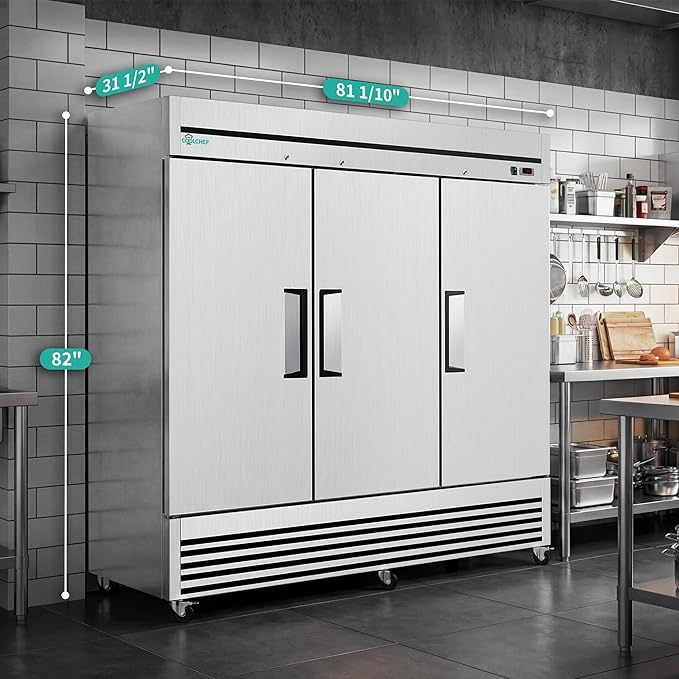 81" Commercial Refrigerator 72 Cu.Ft, Stainless Steel 3-Door Reach-in Fridge, 33–40℉, Air Cooling, LED Light, 9 Shelves, R290, ETL