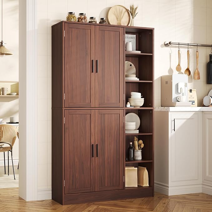 63" Tall Brown Kitchen Pantry, Freestanding Storage Cabinet with 4 Doors, Adjustable Shelves for Dining Room, Laundry Room