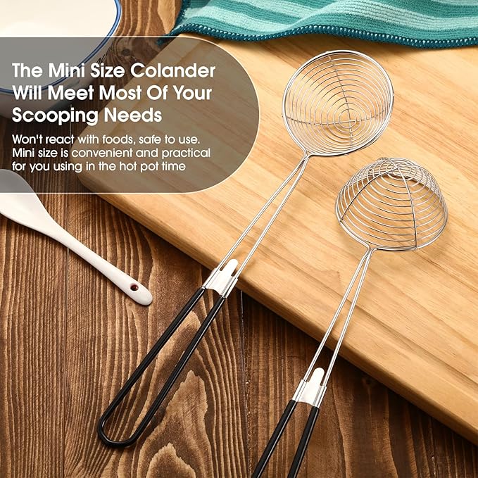 Geiserailie 12 Pieces 6 Pieces Hot Pot Kit Strainer Scoops Stainless Steel 2.5 Inch Mini Spider Strainer Skimmer Pasta Mesh Spoon Asian Skimmer Spoon Ladle with Handle for Home (Black)
