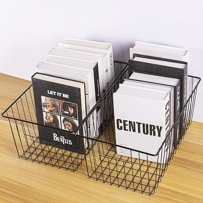 16inch Freezer Wire Storage Organizer Baskets, Household Refrigerator Bins with Built-in Handles, Black, 6PACK