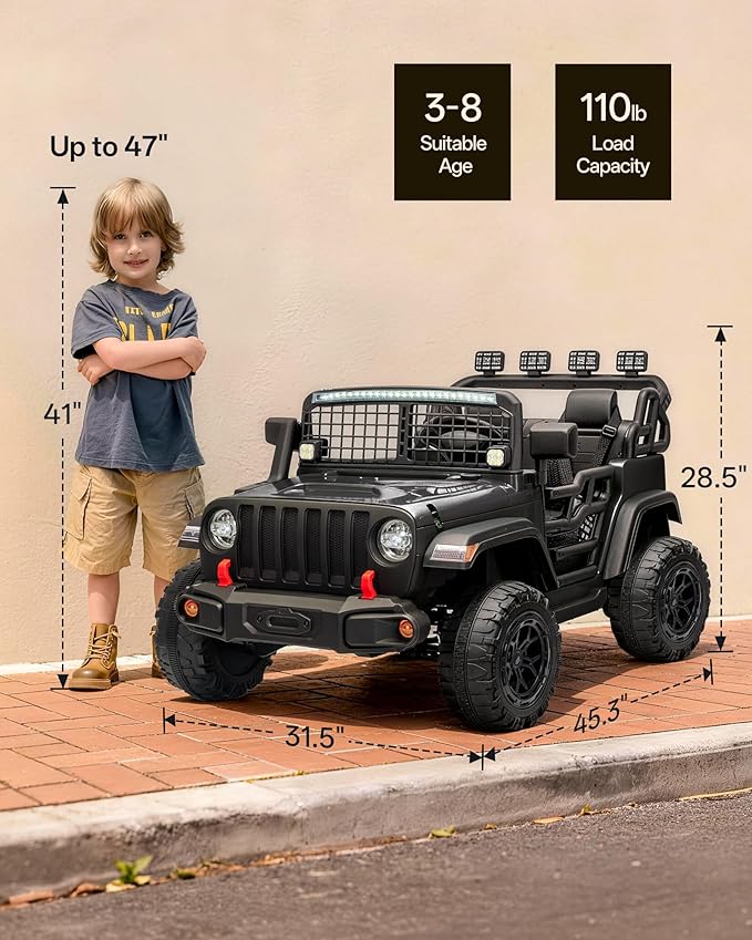 2 Seater Ride on Car Toy, 24V 4WD Electric Car for Kids 4-8 with Remote Control, 4x200W Motors, Capacity 110 lb - Black