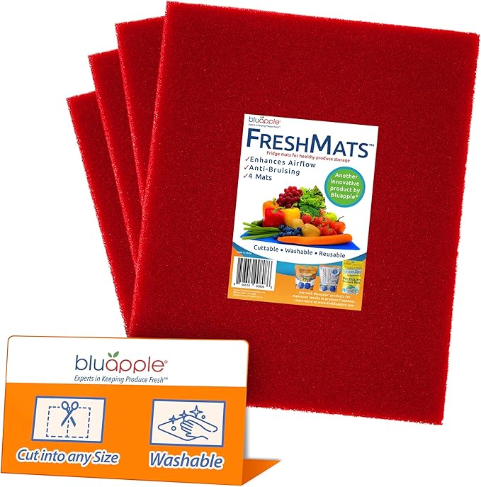 Bluapple FreshMats, Refrigerator Bin Liner, Fridge Drawer Mats, Crisper Life Extender Liner Keeps Produce Fresh Longer, Anti-Bruising, Helps Air Circulation, Washable & Reusable (4-Mats, 12x15, Red)