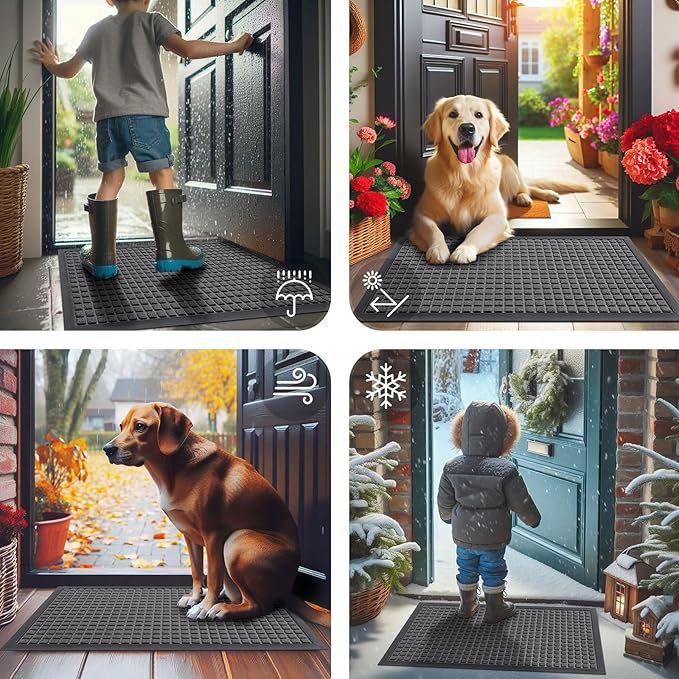Smiry Front Door Mat Outside Entrance, Heavy Duty Natural Rubber Doormat, Non Slip, Trap Dirt and Moisture, Easy Clean, Low Profile Welcome Floor Mats for Indoor Outdoor Entry, 59x23 Inch, Grey