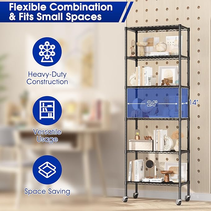 3 Pack Adjustable 6-Tier Storage Shelves with Wheels, 750 lbs Capacity Heavy Duty Wire Shelving Rack, 14" D x 24" W x 71" H Rolling Metal Shelving for Garage, Closet, Kitchen